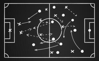 Sketches soccer strategy. Drawing coach soccer tactic on chalkboard for football team. Sport game planning. Sketch chalk scheme and plans on blackboard. illustration vector