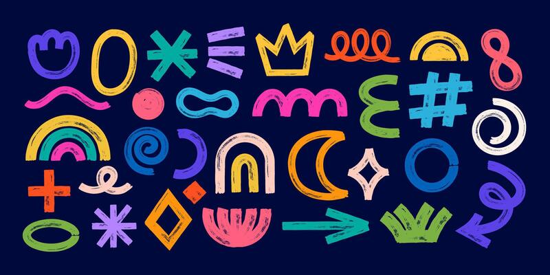 Abstract grunge shapes. Hand drawn colorful naive paint brushes figures and elements. Doodle arrow, circle, line, star, geometric symbol. Grange texture. set