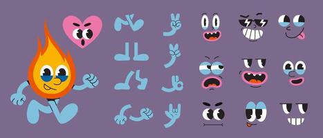 Set of cartoon character faces, legs, hands in different emotions, pose and gestures. 70s groovy comic elements, cute retro hippie mascots. Trendy modern illustration, hand drawn, flat design vector