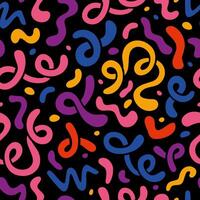 Seamless pattern with abstract colorful squiggles, fluid shapes, curls, cartoon style. Wavy lines, organic forms on a black background. Trendy modern illustration, hand drawn, flat design vector