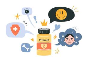 Vitamin C benefits, jar of tablets and speech bubble. Skin care, youth, positive mood, support of the immune, cardiovascular system, joints and cartilage. Isolated cartoon illustration, flat vector