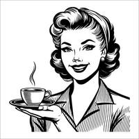 Vintage Retro 40's smiling woman offering a cup of coffee line art drawing 05 vector