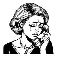 Vintage retro pop art woman crying on the phone line art comic black and white 04 vector
