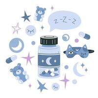 A jar of Melatonin or sleeping pills and things to help you fall asleep quickly. Healthy sleep, treatment of insomnia, circadian rhythms, rest and recovery. Isolated cartoon illustration, flat vector