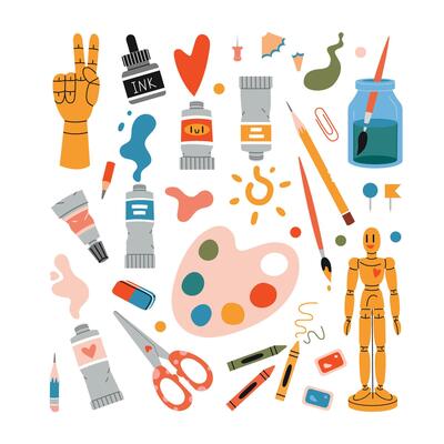 Set with painting tools elements and art supplies like paint tubes, pencil and color palette. Isolated cartoon illustration, hand drawn, flat design