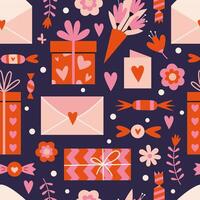 Saint Valentine's seamless pattern with cute romantic presents, sweets, gift box and flowers, on a dark background, cartoon style. Trendy modern illustration, hand drawn, flat design vector