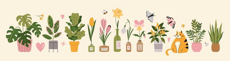 Set with Houseplants, bottled flowers, cat and butterflies, cartoon style. Urban Cozy home. Trendy modern isolated illustration, hand drawn, flat vector