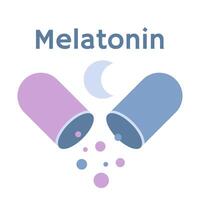 Melatonin symbol, open blue capsule and Crescent moon. Healthy sleep, rest and treatment of insomnia. Isolated cartoon illustration, flat design vector