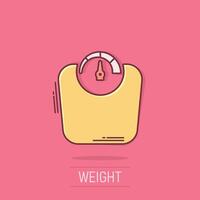 Bathroom weight scale icon in comic style. Mass measurement cartoon illustration on isolated background. Overweight splash effect sign business concept. vector