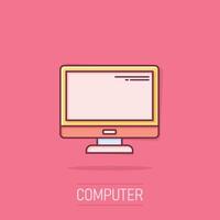 Personal computer in comic style. Desktop pc cartoon illustration on isolated background. Monitor display splash effect sign business concept. vector