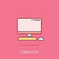 Personal computer in comic style. Desktop pc cartoon illustration on isolated background. Monitor display splash effect sign business concept. vector