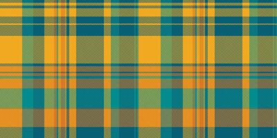 Drapery textile plaid pattern, girly tartan check fabric. Cool texture background seamless in cyan and amber colors. vector