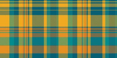 Drapery textile plaid pattern, girly tartan check fabric. Cool texture background seamless in cyan and amber colors. vector