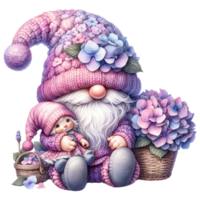 Garden Gnome with Hydrangeas Illustration. png