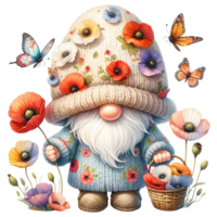 Floral Gnome with Poppy flowers Illustration png