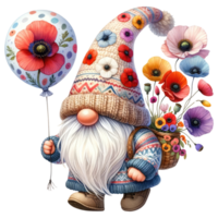 Floral Gnome with Poppy flowers Illustration png