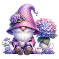 Garden Gnome with Hydrangeas Illustration. png