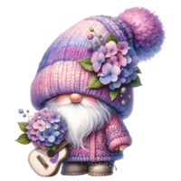 Garden Gnome with Hydrangeas Illustration. png