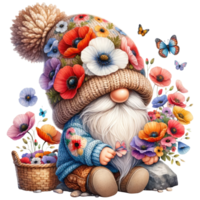 Floral Gnome with Poppy flowers Illustration png