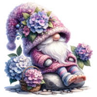 Garden Gnome with Hydrangeas Illustration. png