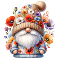 Floral Gnome with Poppy flowers Illustration png