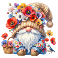 Floral Gnome with Poppy flowers Illustration png