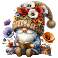 Floral Gnome with Poppy flowers Illustration png