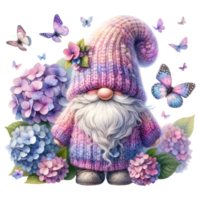 Garden Gnome with Hydrangeas Illustration. png