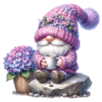 Garden Gnome with Hydrangeas Illustration. png