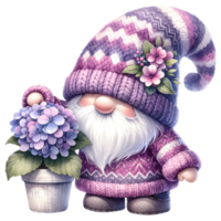 Garden Gnome with Hydrangeas Illustration. png