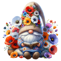 Floral Gnome with Poppy flowers Illustration png