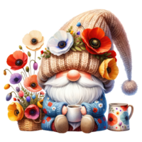 Floral Gnome with Poppy flowers Illustration png