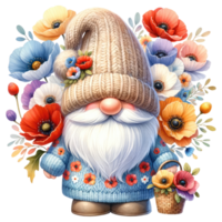 Floral Gnome with Poppy flowers Illustration png