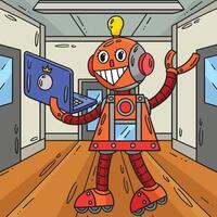 Robot with a Laptop Colored Cartoon Illustration vector