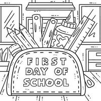 First Day of School on Pencil Case oloring Page vector