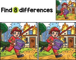 Firefighter with Water Bucket Find The Differences vector