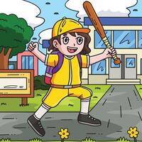 niña con colegio bolso y béisbol murciélago de colores vector