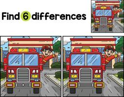 Firefighter Waving Fire Truck Find The Differences vector