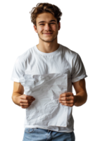 sorridente jovem homem segurando uma amassado branco papel Folha png