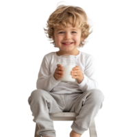 Happy child with milk glass sitting on white chair png