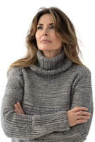 Contemplative woman in gray sweater on transparent background png