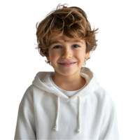 leende ung pojke med fräknar bär en vit luvtröja png