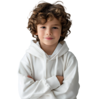 Smiling young boy in white hoodie on transparent background png