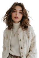 Stylish woman in cream sweater and cardigan on transparent background png