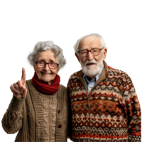 Happy elderly couple in cozy knitted sweaters sharing joy png