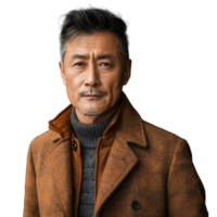 Mature Asian man in stylish brown suede jacket png