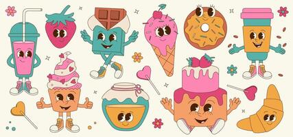 Collection of groovy dessert characters. Retro cartoon mascot set. Stickers for bakery, cafe and delivery. Cupcake, chocolate, donut, cake, honey jar, ice cream, croissant vector