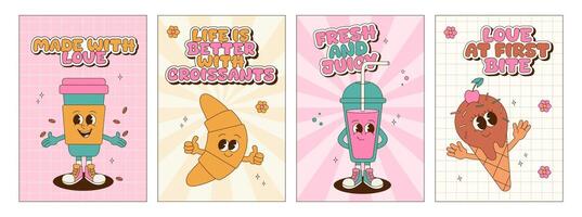 Collection of groovy posters and cards with dessert characters. Retro cartoon mascot set. Posters with lettering and phrases for bakery, cafe and delivery. Ice cream, soda, coffee, croissant. vector