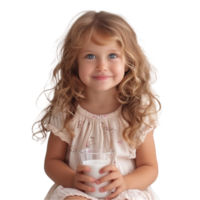 peu fille en portant une verre de Lait sur transparent Contexte png