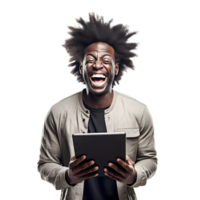 Portrait of black young man attractive cheerful amazed using tablet computer png